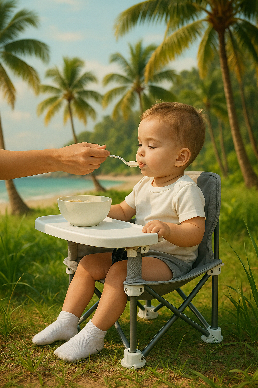 Bébé assis dans une chaise haute pliable sur une plage, bol sur une tablette, main parentale visible en arrière plan